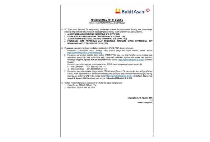 Peluang Emas Terbuka: PT Bukit Asam Buka Pintu Seleksi Jasa Penambangan Skala Global