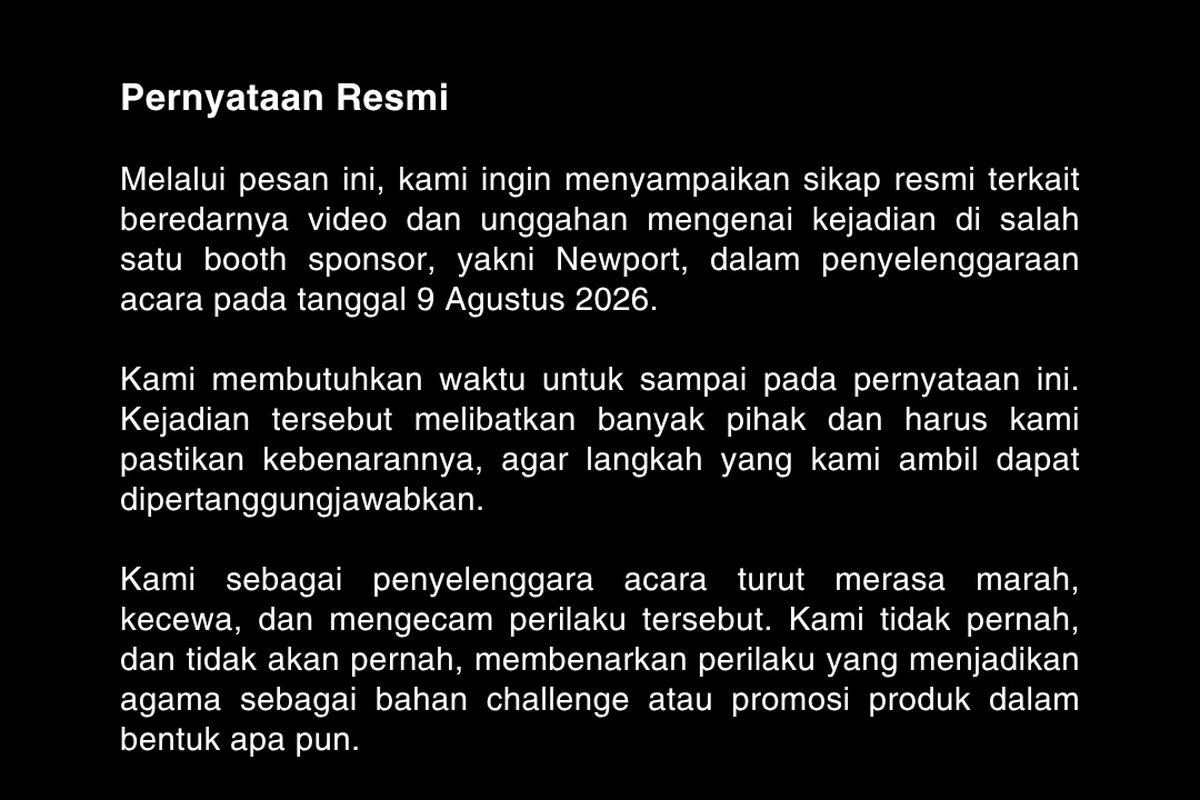 Pihal penyelenggara festival musik The Sounds Project mengeluarkan pernyataan resmi usai viral video baca ayat Al-Quran jadi tantangan mendapatkan minuman berakohol di salah satu booth miras, Minggu (9/8/2026).(Instagram/@thesoundsproject)